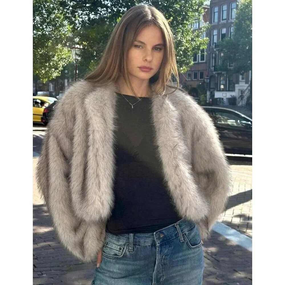 Women's Grey Wyeysyt Faux Fur Cropped Coat Fluffy Open Front Warm Winter Jacket - Picture 4 of 8